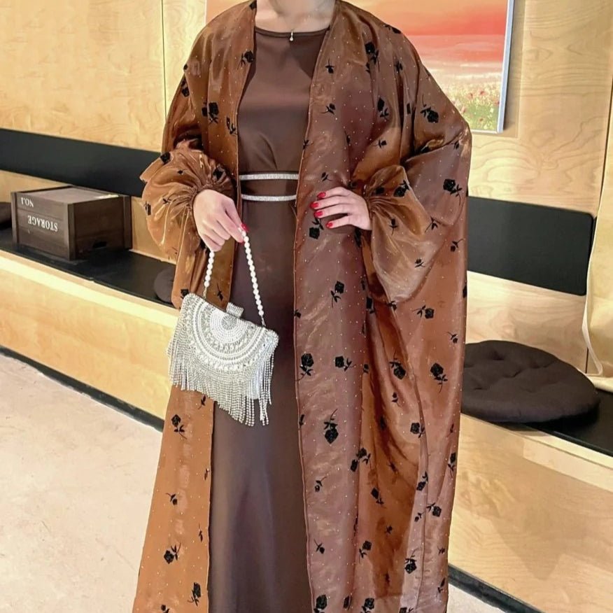 Organza Rose Flower Embroidery Butterfly Open Abaya (MOA115)