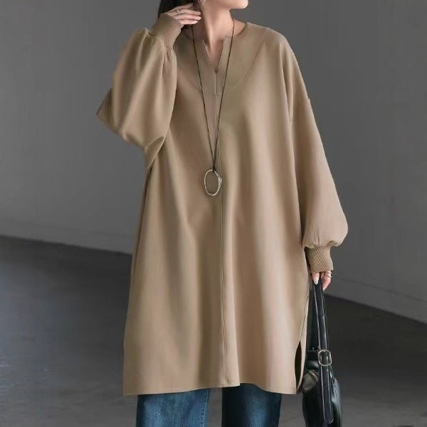 Oversized Cotton Sweatshirt Tunic | V-Neck Long Sleeve Pullover Top(MS210)