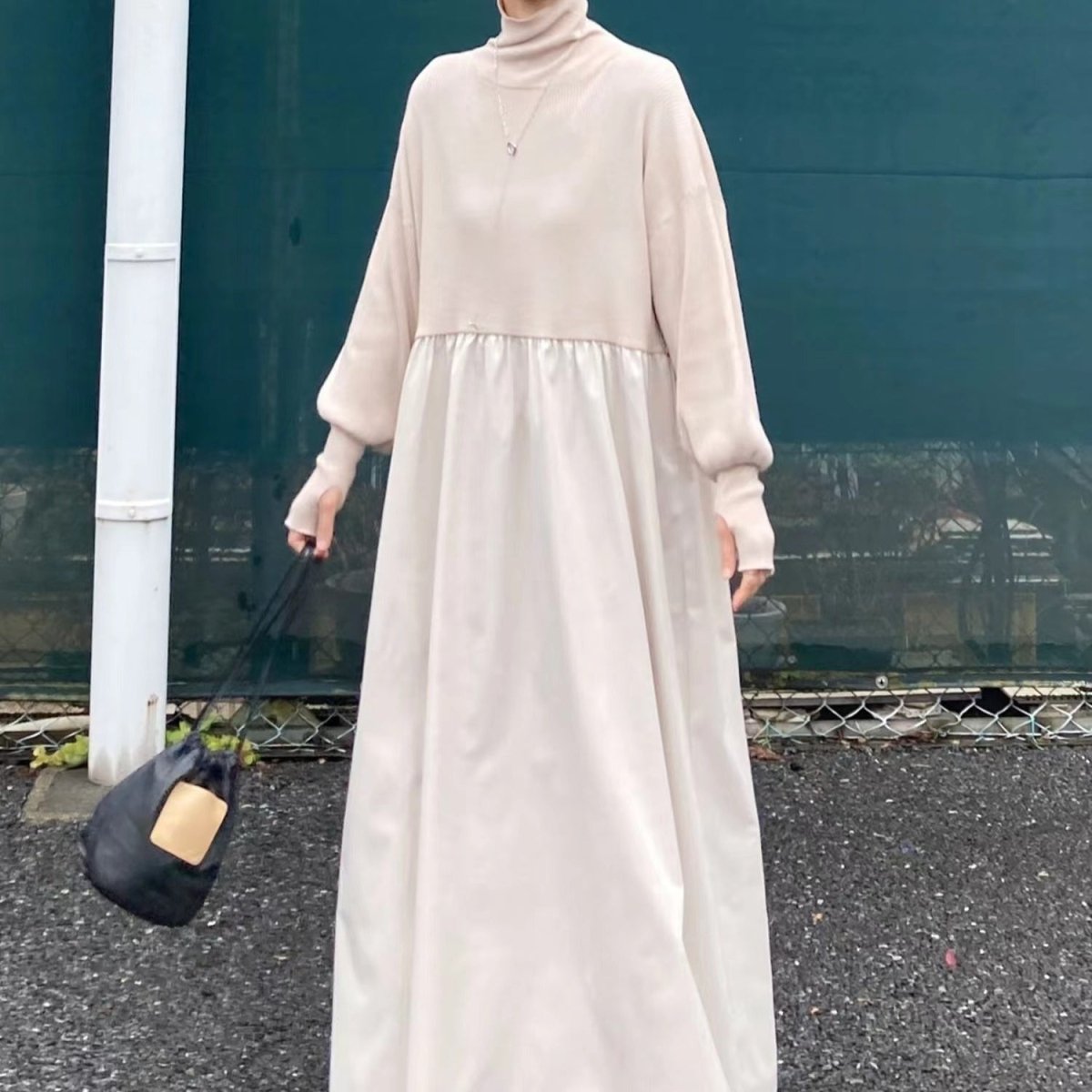 Oversized Turtleneck Maxi Dress | Bubble Sleeve Sweater Dress(MS180)