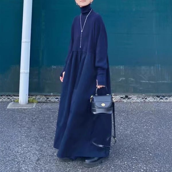Oversized Turtleneck Maxi Dress | Bubble Sleeve Sweater Dress(MS180)