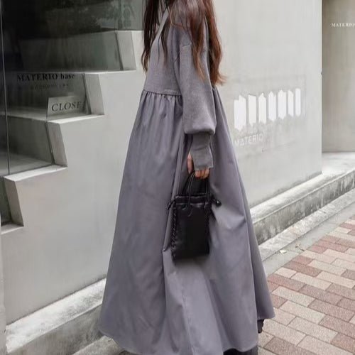 Oversized Turtleneck Maxi Dress | Bubble Sleeve Sweater Dress(MS180)