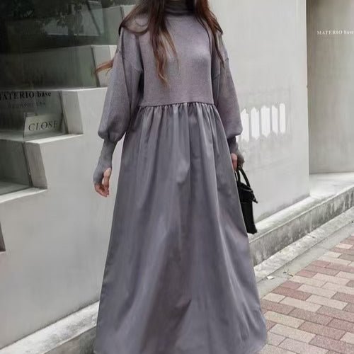 Oversized Turtleneck Maxi Dress | Bubble Sleeve Sweater Dress(MS180)