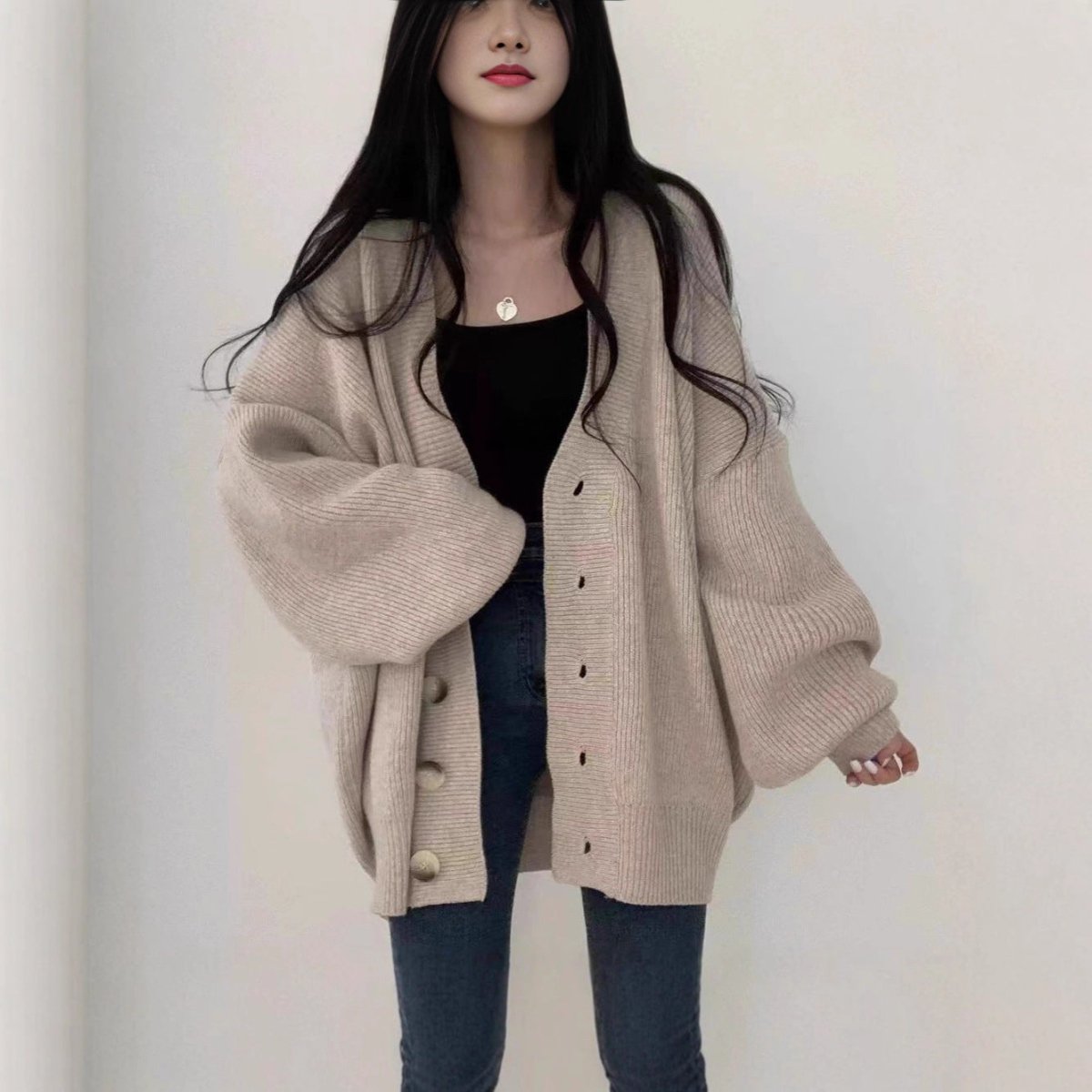 Oversized V-Neck Bubble Sleeve Cardigan(MS167)