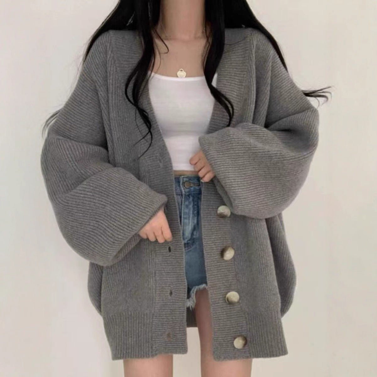 Oversized V-Neck Bubble Sleeve Cardigan(MS167)