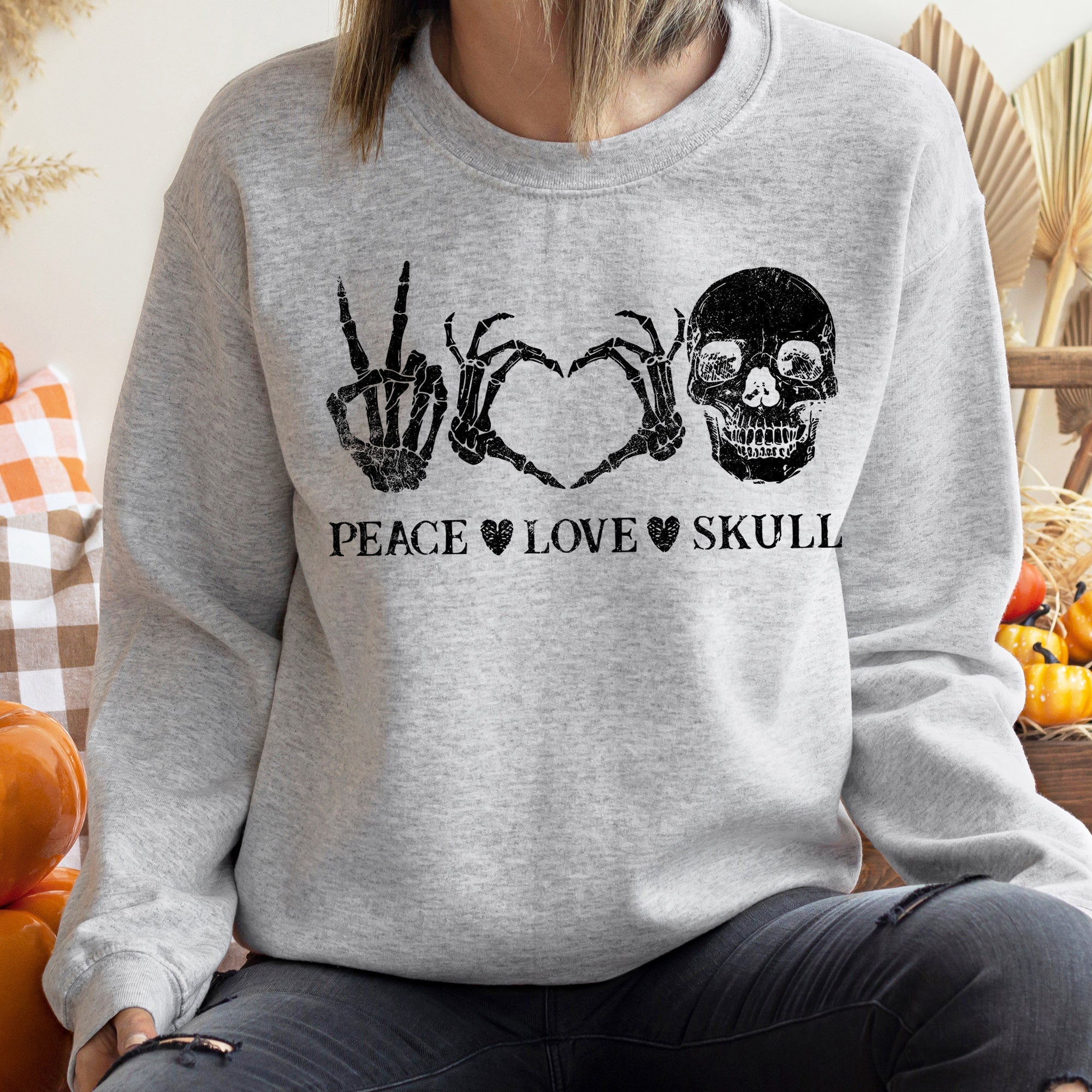 Peace Love Skull Vintage Halloween Cozy Premium Cotton Polyester Blend Soft Warm Sweatshirt