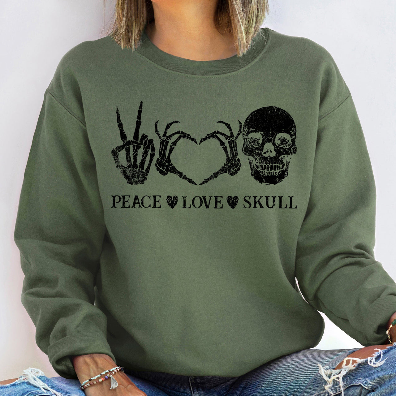 Peace Love Skull Vintage Halloween Cozy Premium Cotton Polyester Blend Soft Warm Sweatshirt