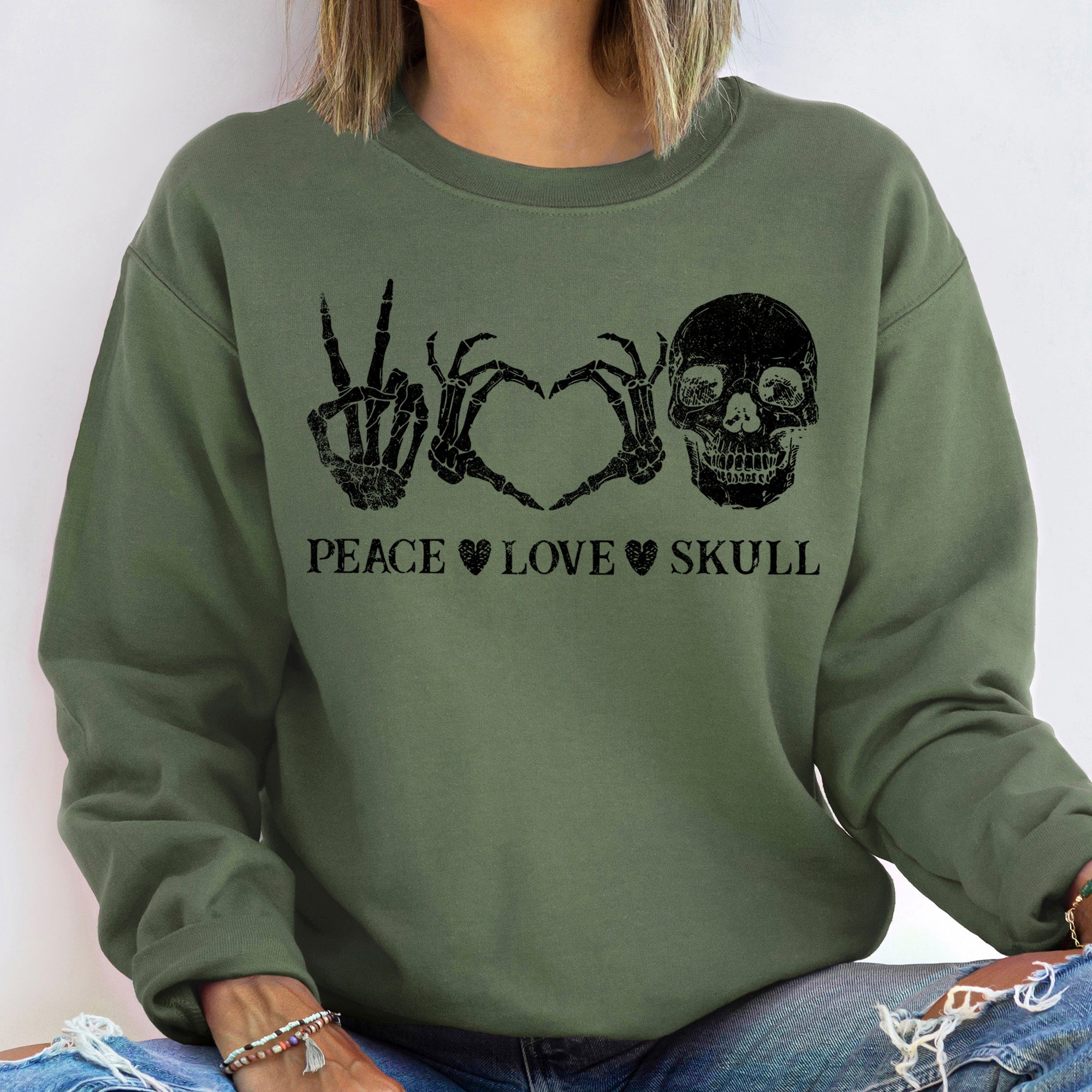 Peace Love Skull Vintage Halloween Cozy Premium Cotton Polyester Blend Soft Warm Sweatshirt