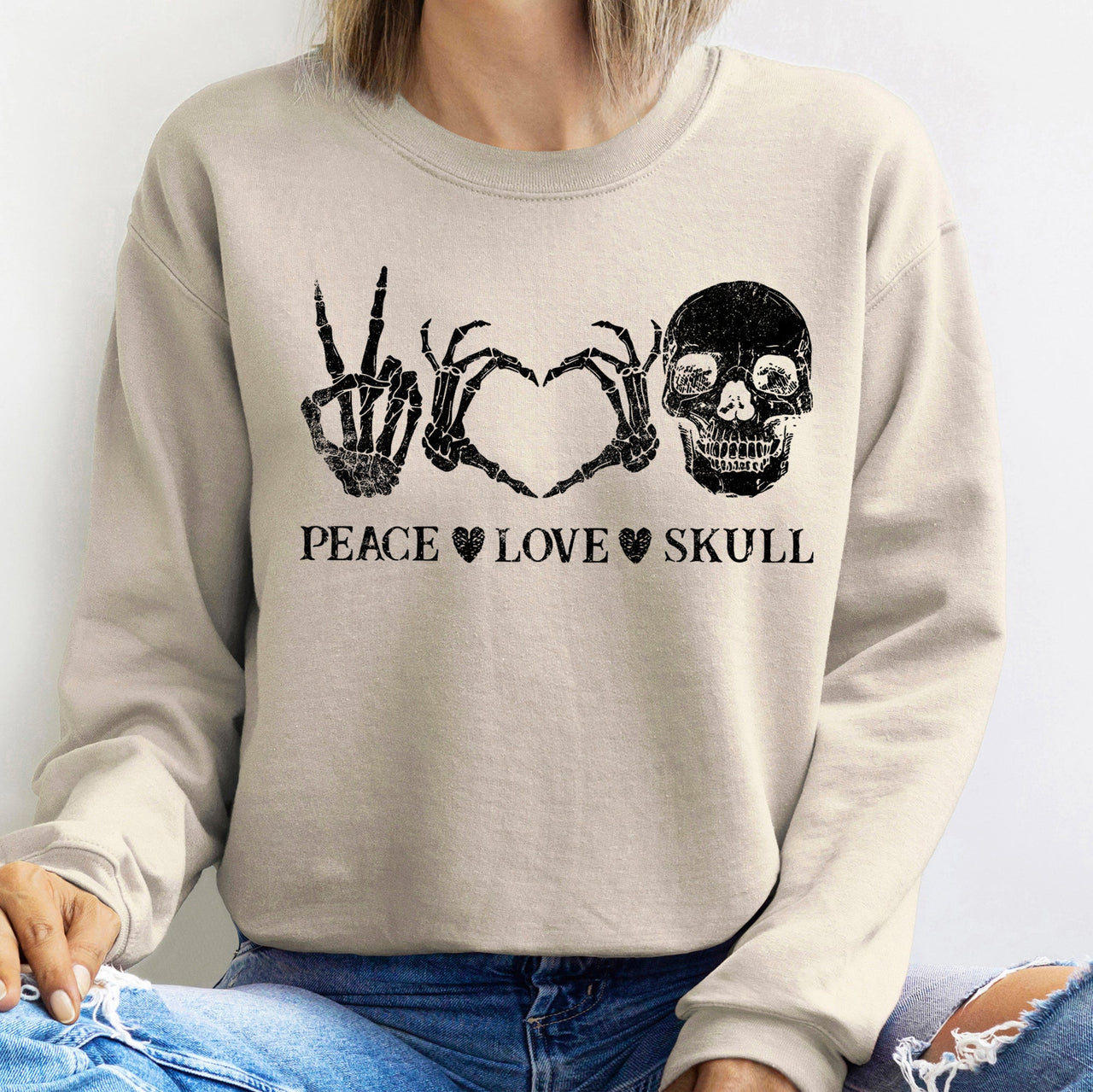 Peace Love Skull Vintage Halloween Cozy Premium Cotton Polyester Blend Soft Warm Sweatshirt