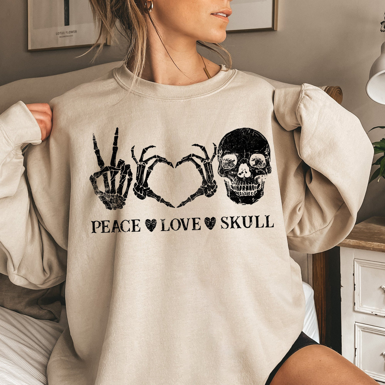 Peace Love Skull Vintage Halloween Cozy Premium Cotton Polyester Blend Soft Warm Sweatshirt