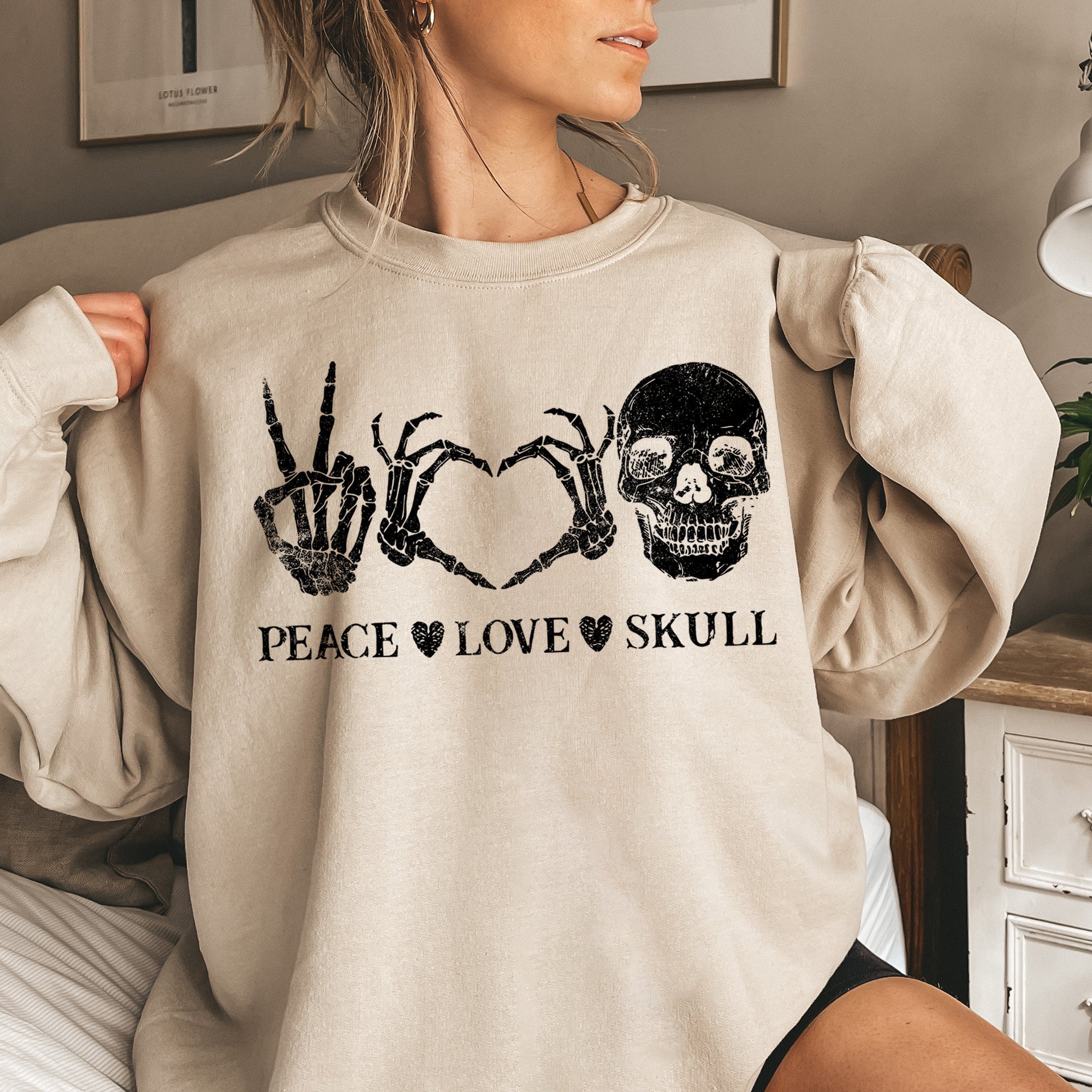 Peace Love Skull Vintage Halloween Cozy Premium Cotton Polyester Blend Soft Warm Sweatshirt
