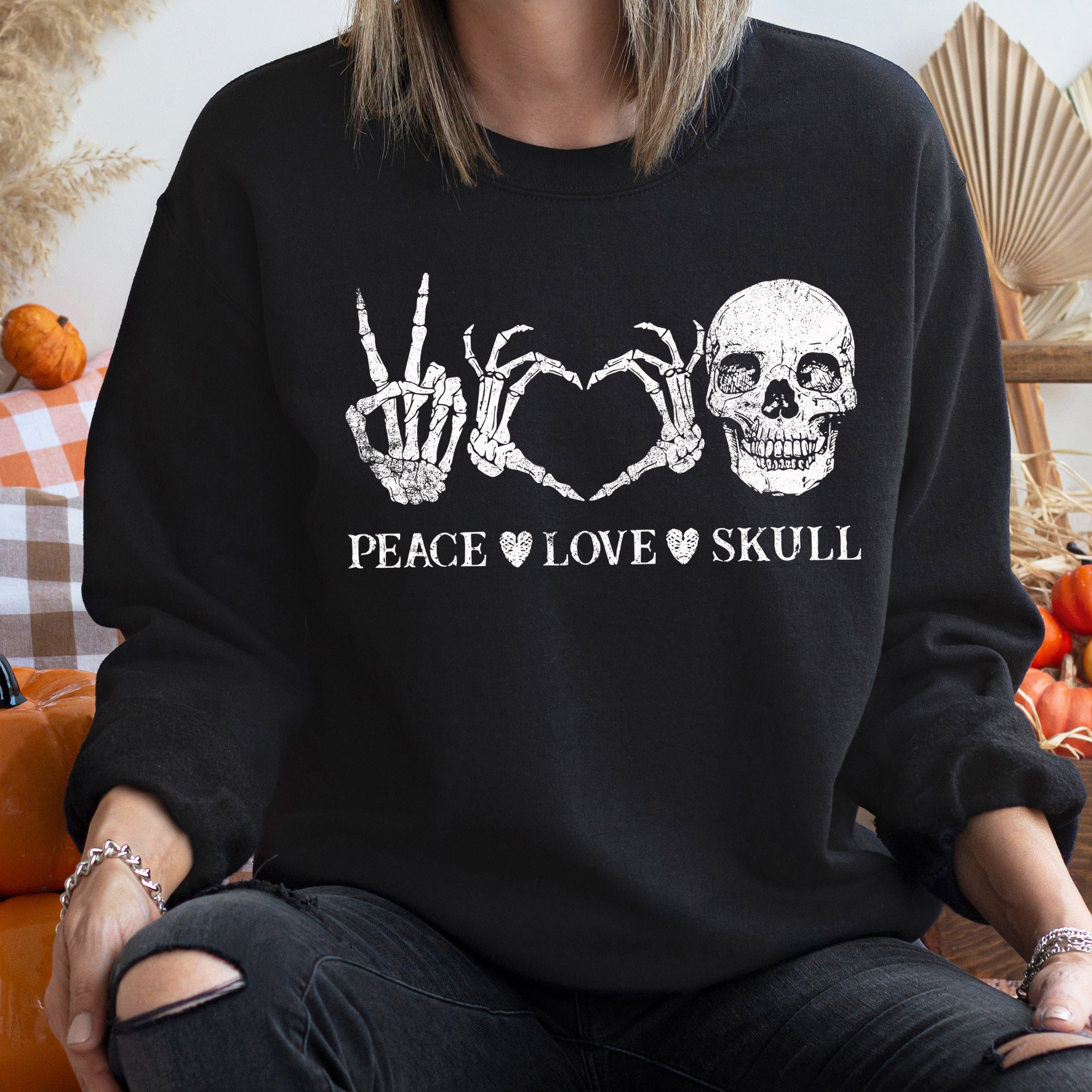 Peace Love Skull Halloween Graphic Illustration And Comfort Fit Design Sweatshirt