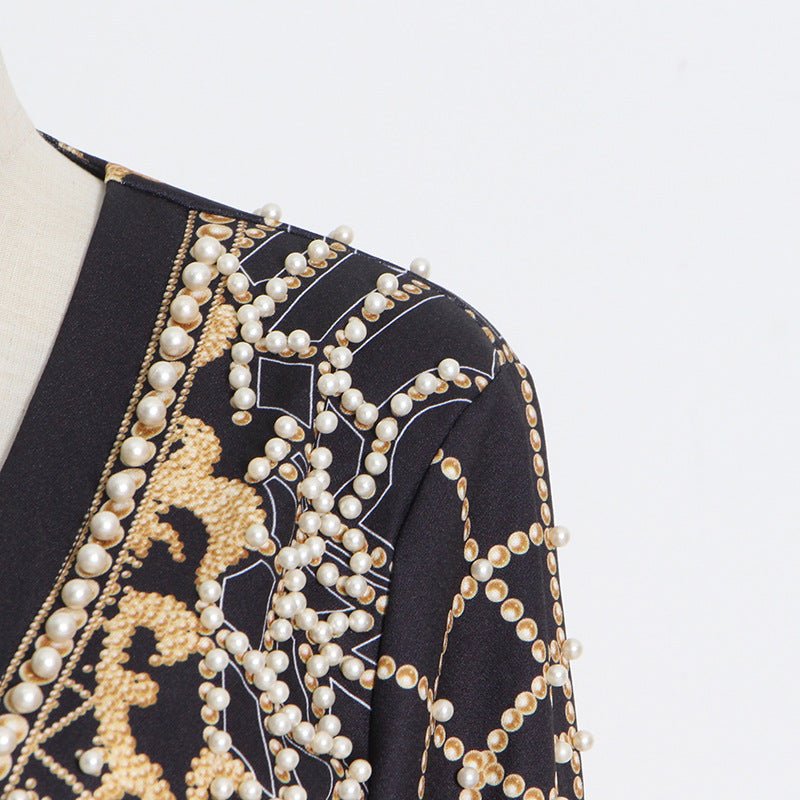 Pearl & Bead Embellished Vintage Blazer | Geometric Print Luxury Jacket(MS218)