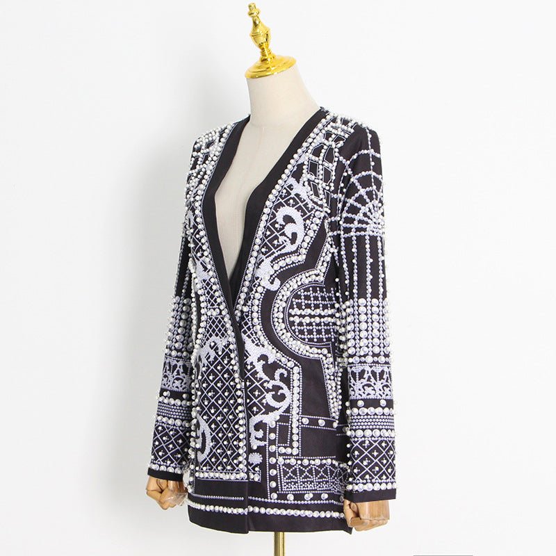 Pearl & Bead Embellished Vintage Blazer | Geometric Print Luxury Jacket(MS218)