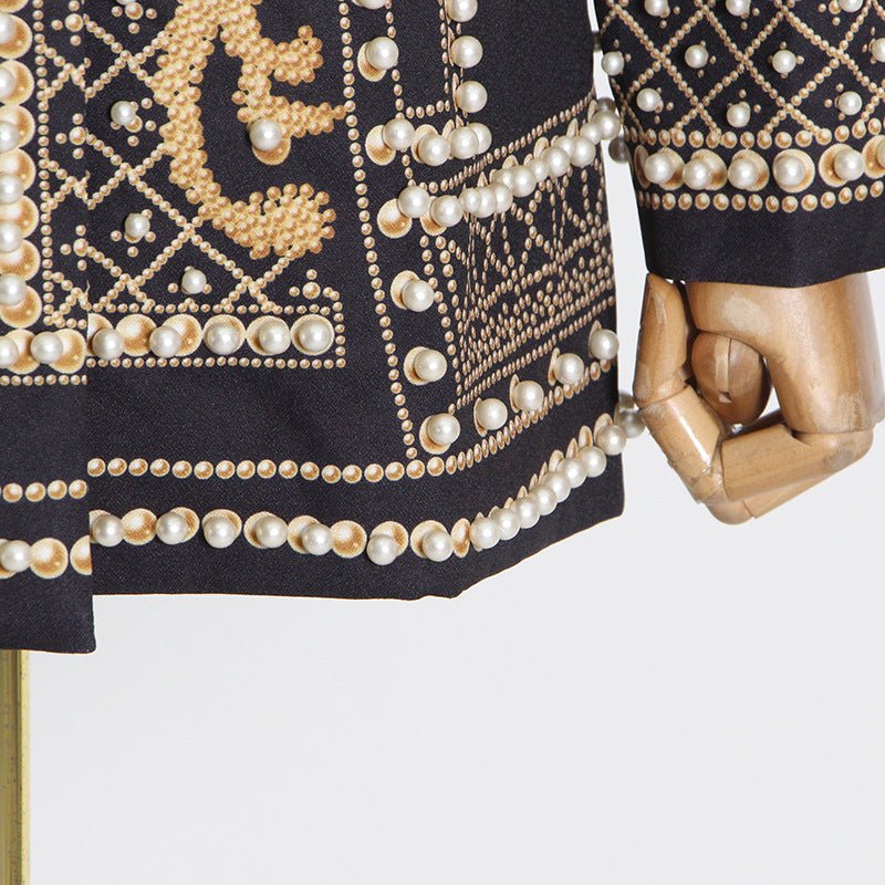 Pearl & Bead Embellished Vintage Blazer | Geometric Print Luxury Jacket(MS218)