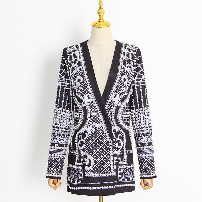 Pearl & Bead Embellished Vintage Blazer | Geometric Print Luxury Jacket(MS218)