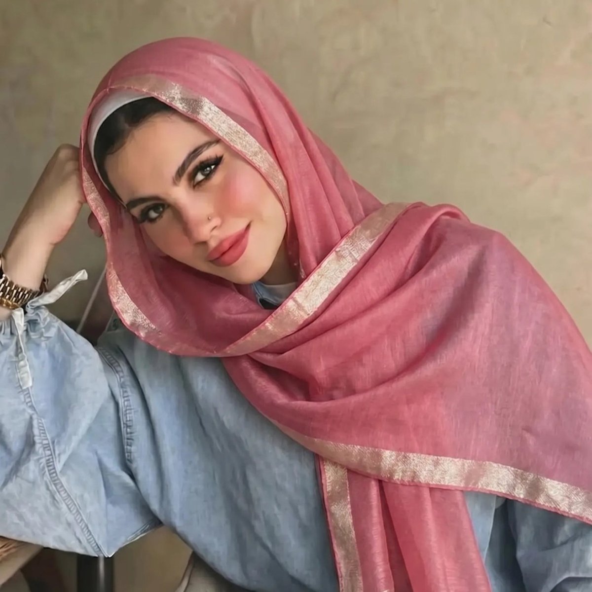Pearl Beaded Gold Border Chiffon Hijab Shawl(MH236)