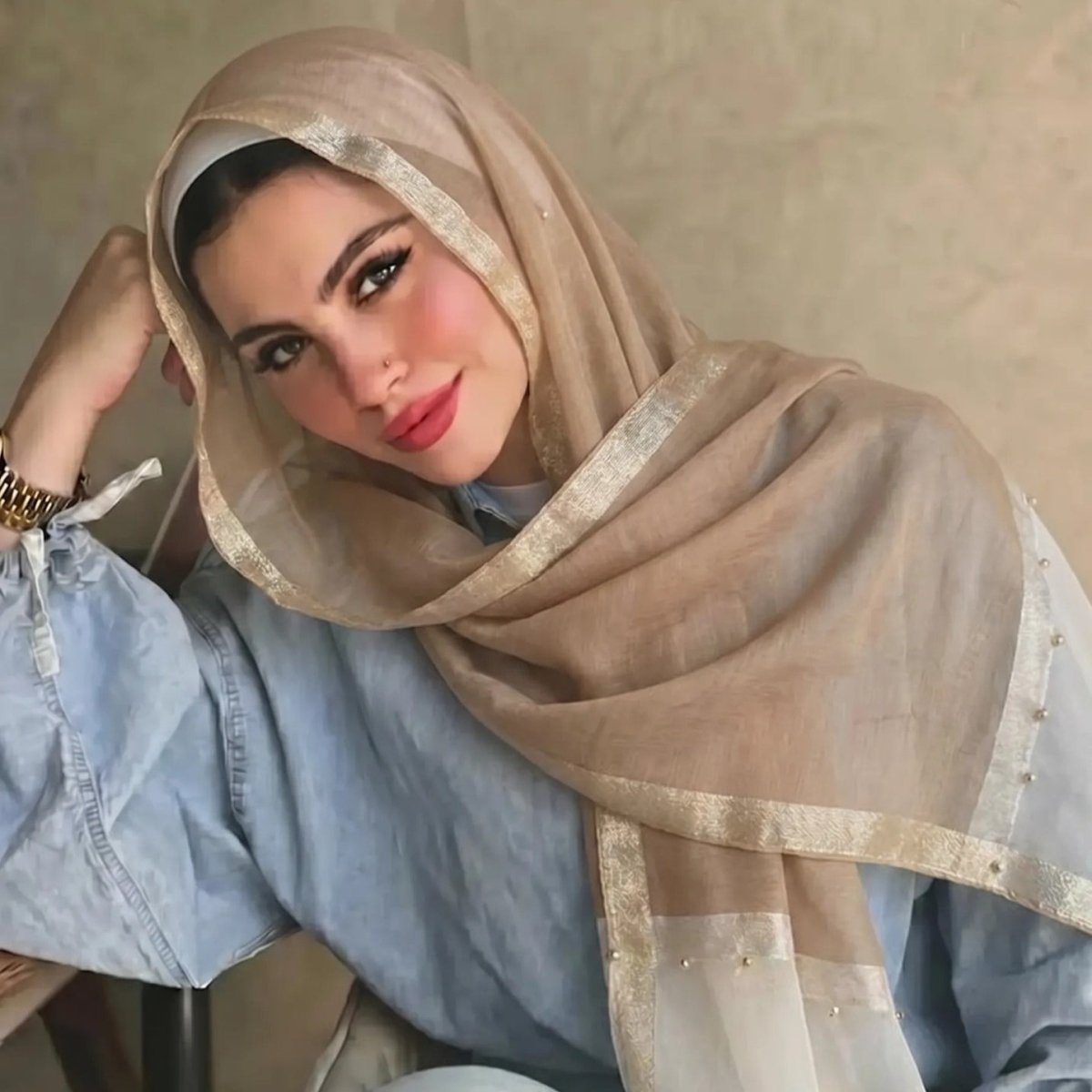 Pearl Beaded Gold Border Chiffon Hijab Shawl(MH236)