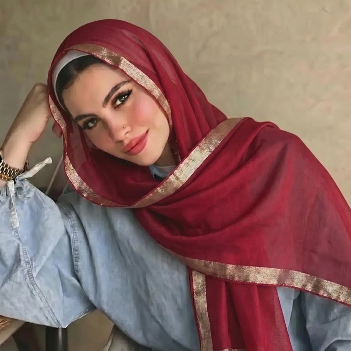 Pearl Beaded Gold Border Chiffon Hijab Shawl(MH236)