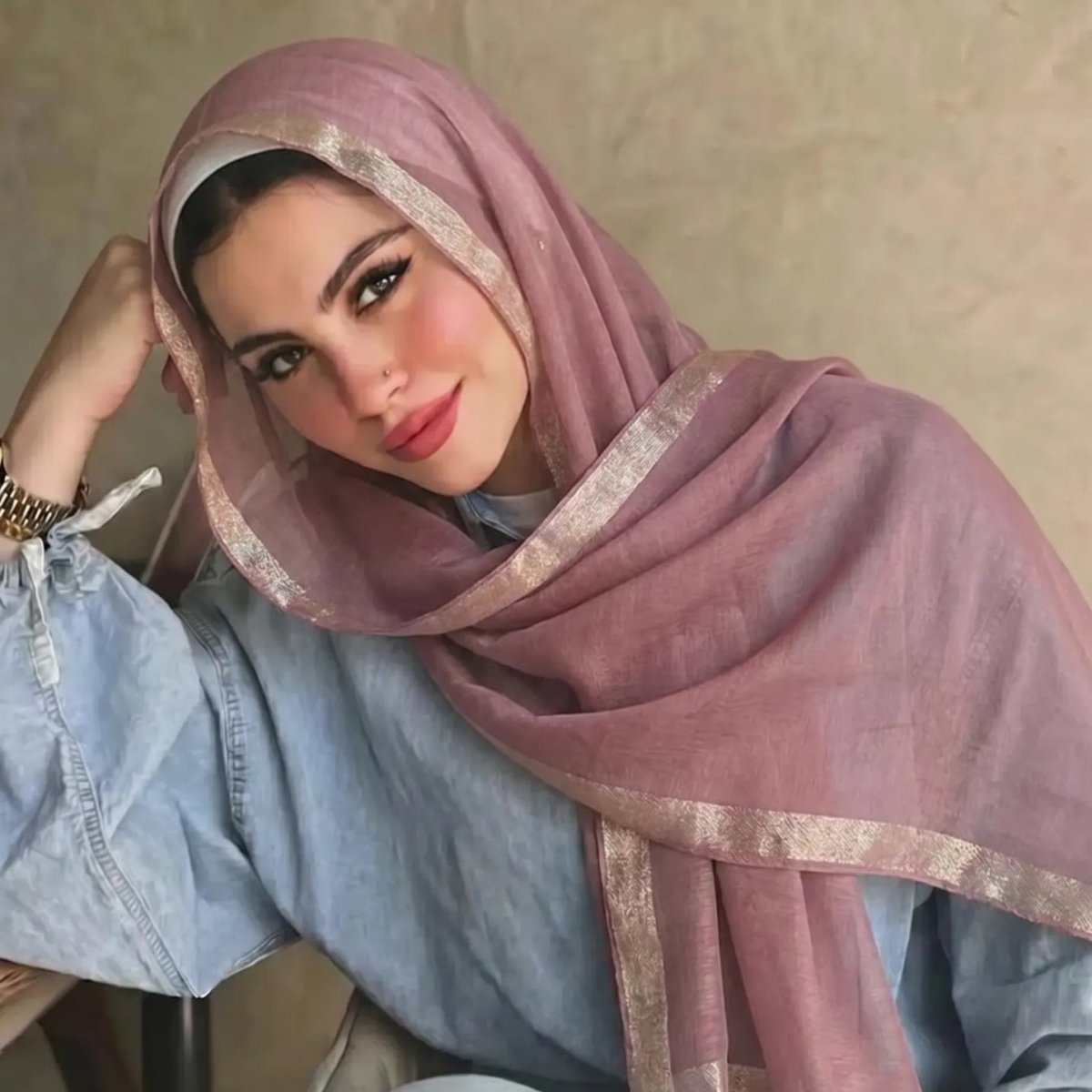 Pearl Beaded Gold Border Chiffon Hijab Shawl(MH236)