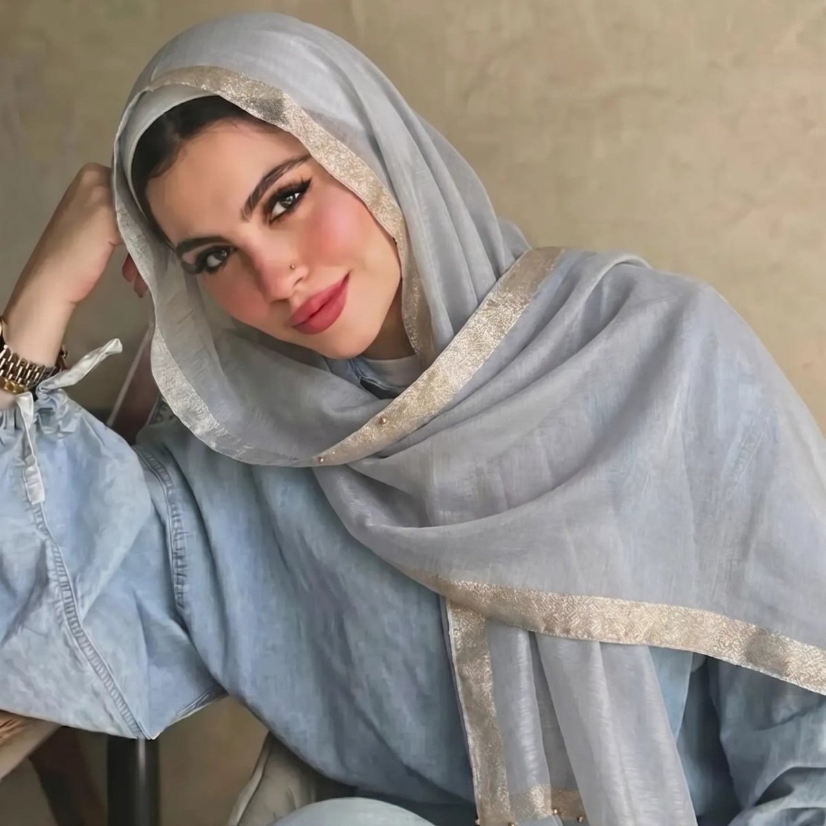 Pearl Beaded Gold Border Chiffon Hijab Shawl(MH236)