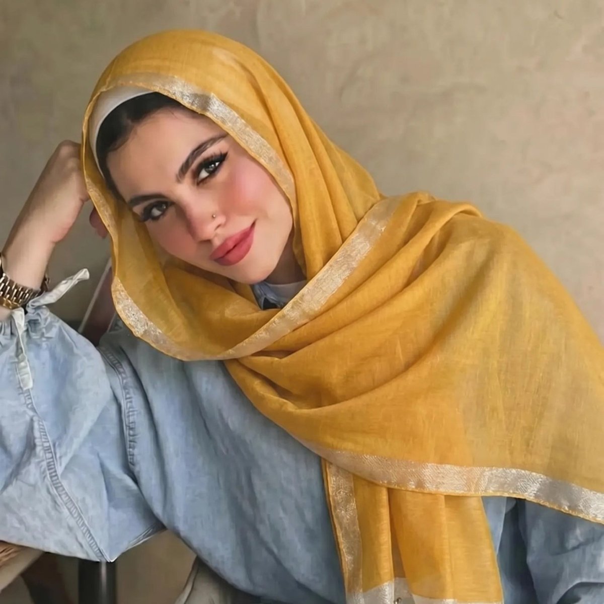 Pearl Beaded Gold Border Chiffon Hijab Shawl(MH236)