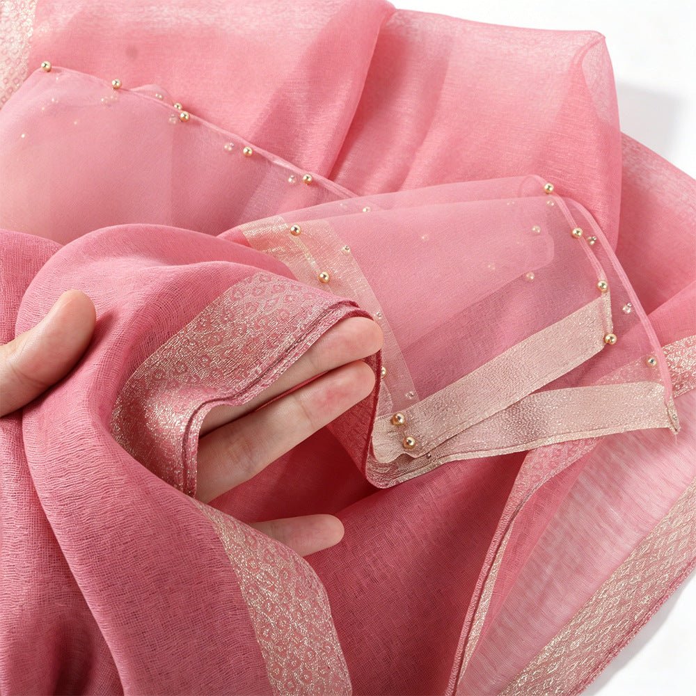 Pearl Beaded Gold Border Chiffon Hijab Shawl(MH236)