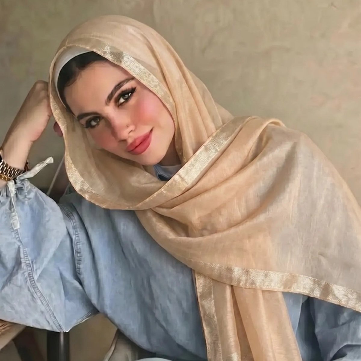 Pearl Beaded Gold Border Chiffon Hijab Shawl(MH236)