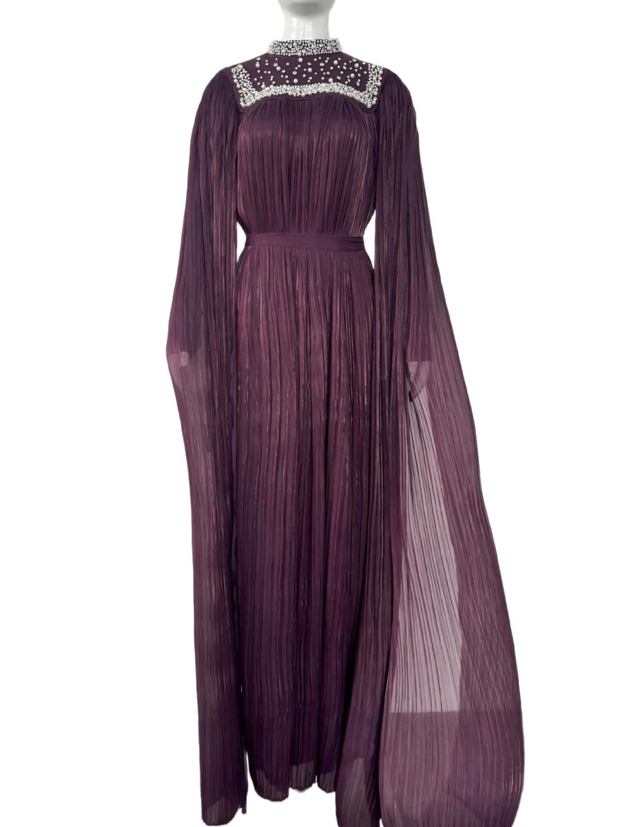 Pearl & Crystal Beaded Pleated Chiffon Maxi Gown(MA441)