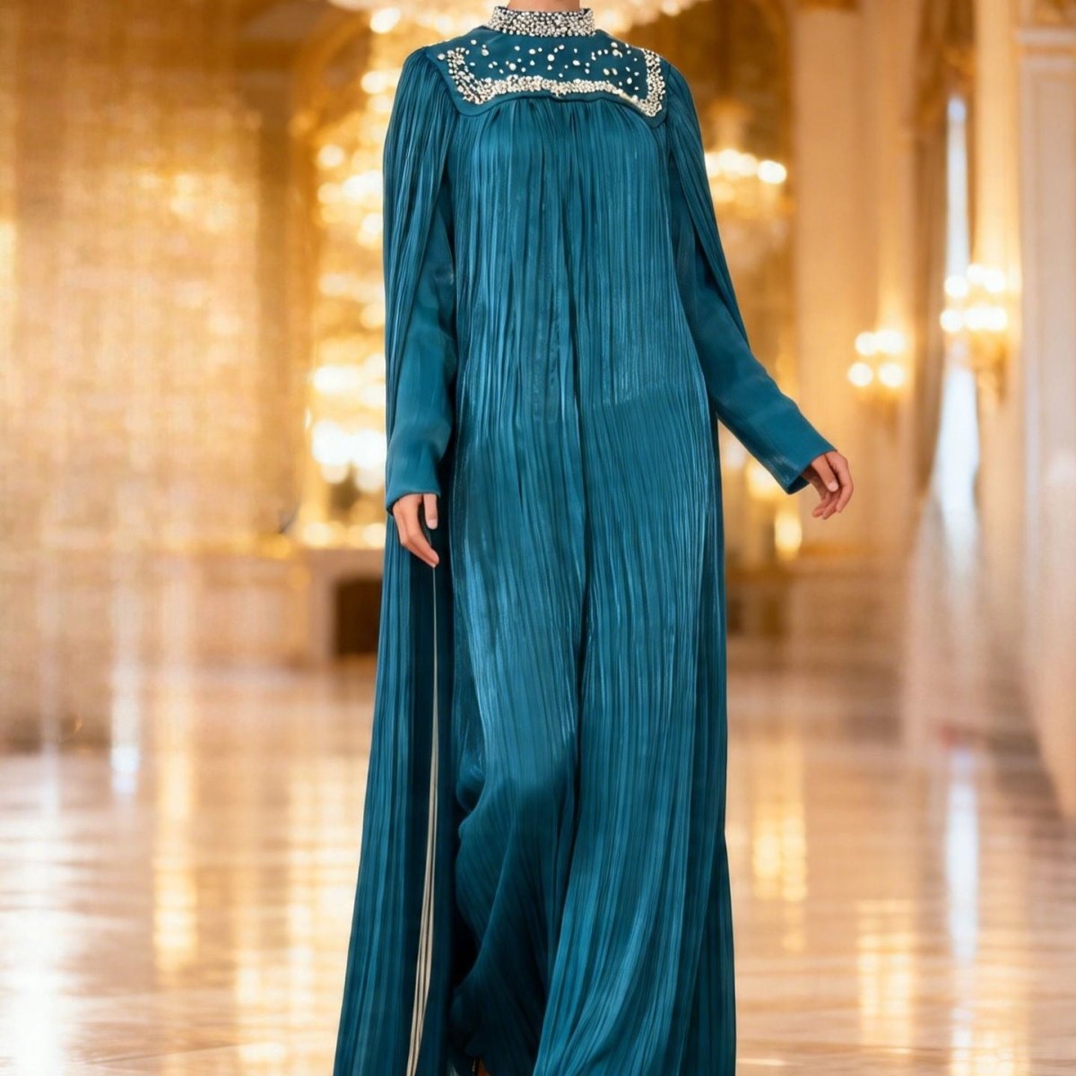 Pearl & Crystal Beaded Pleated Chiffon Maxi Gown(MA441)