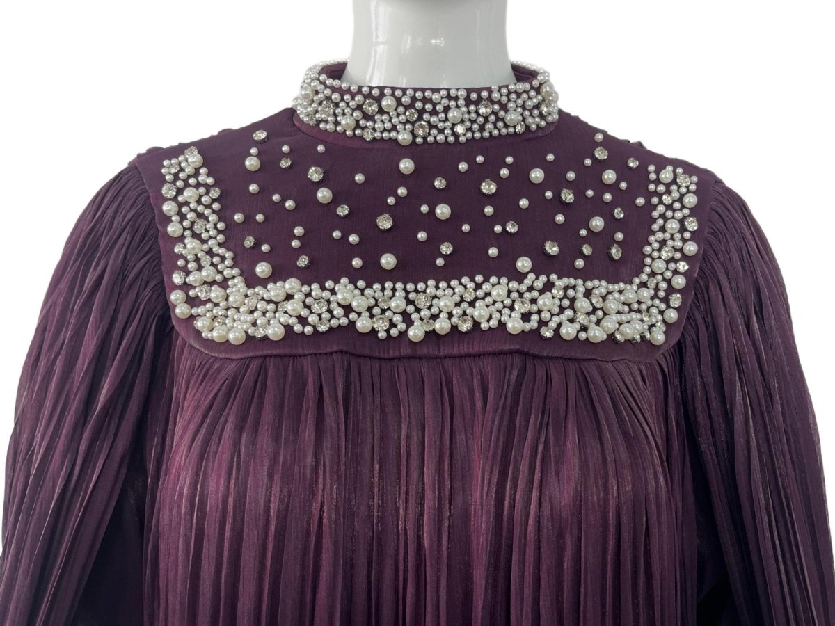 Pearl & Crystal Beaded Pleated Chiffon Maxi Gown(MA441)