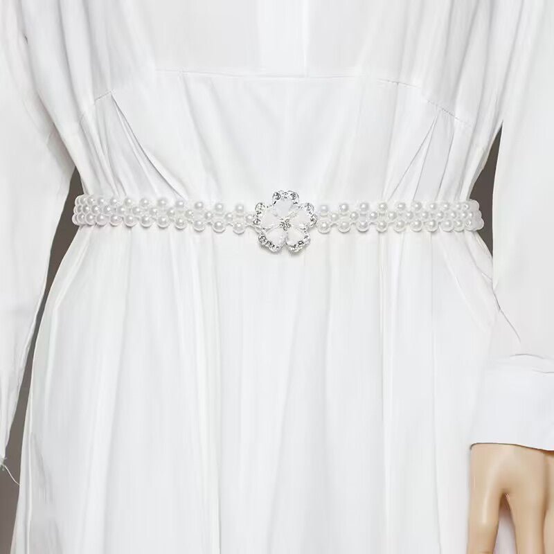 Pearl Elastic Waist Belt | Rhinestone Flower Stretch Belt(MAC362)