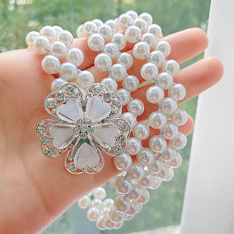 Pearl Elastic Waist Belt | Rhinestone Flower Stretch Belt(MAC362)