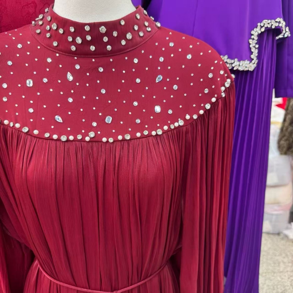 Pearl Embellished Yoke Maxi Dress(MS385)