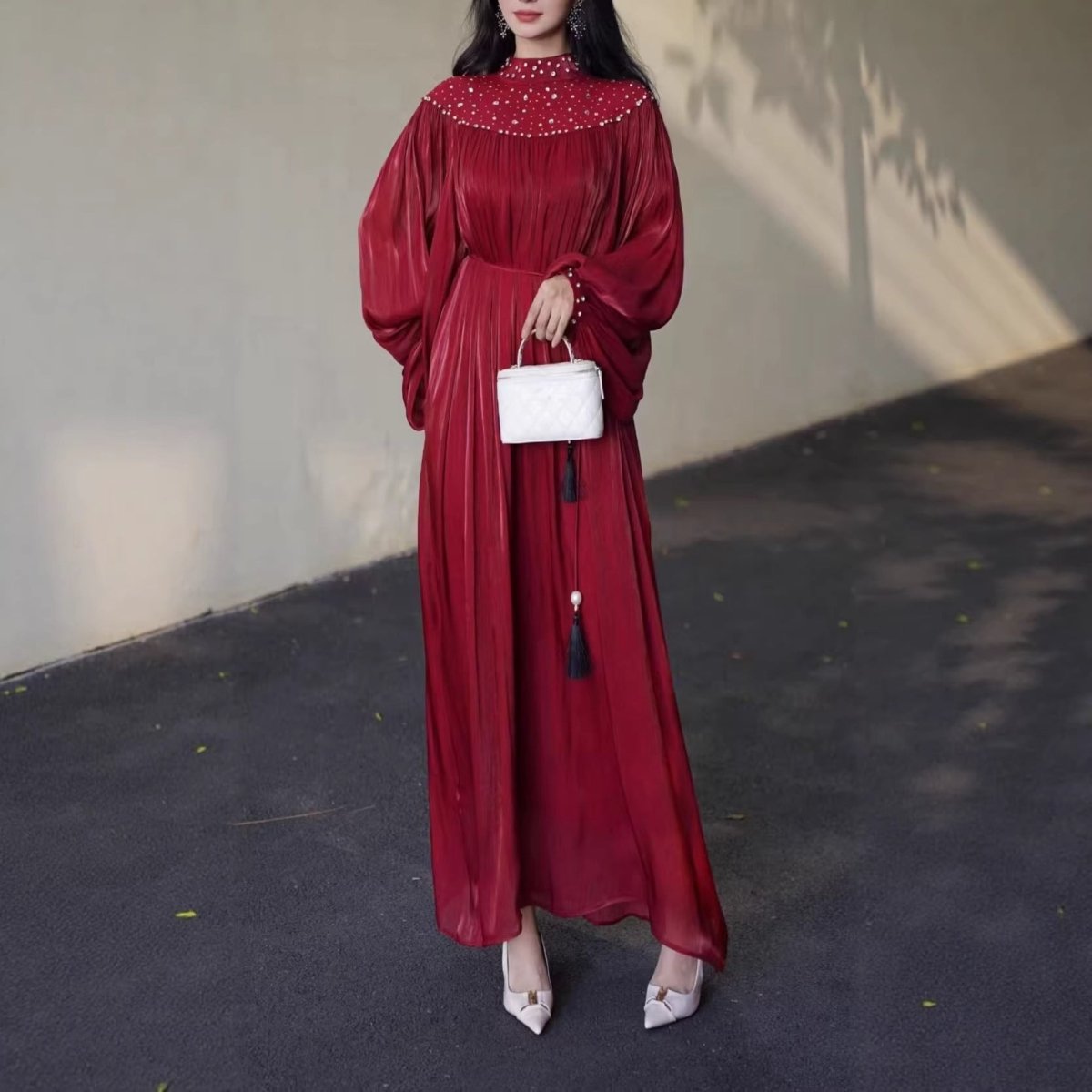 Pearl Embellished Yoke Maxi Dress(MS385)