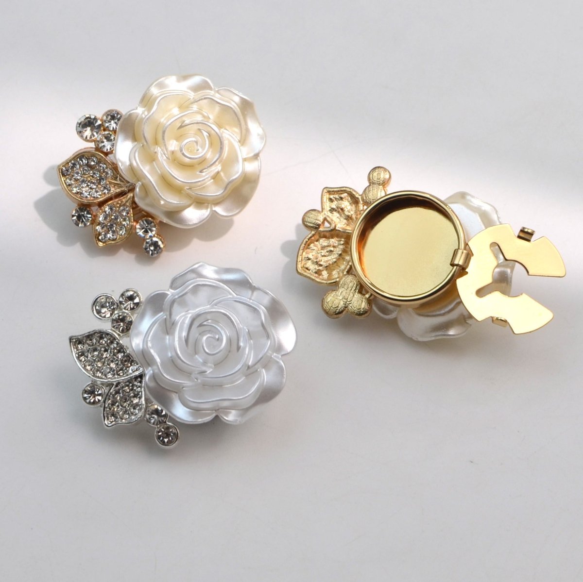 Pearl Rose Button Covers | Rhinestone Leaf Decorative Clips(MAC360)