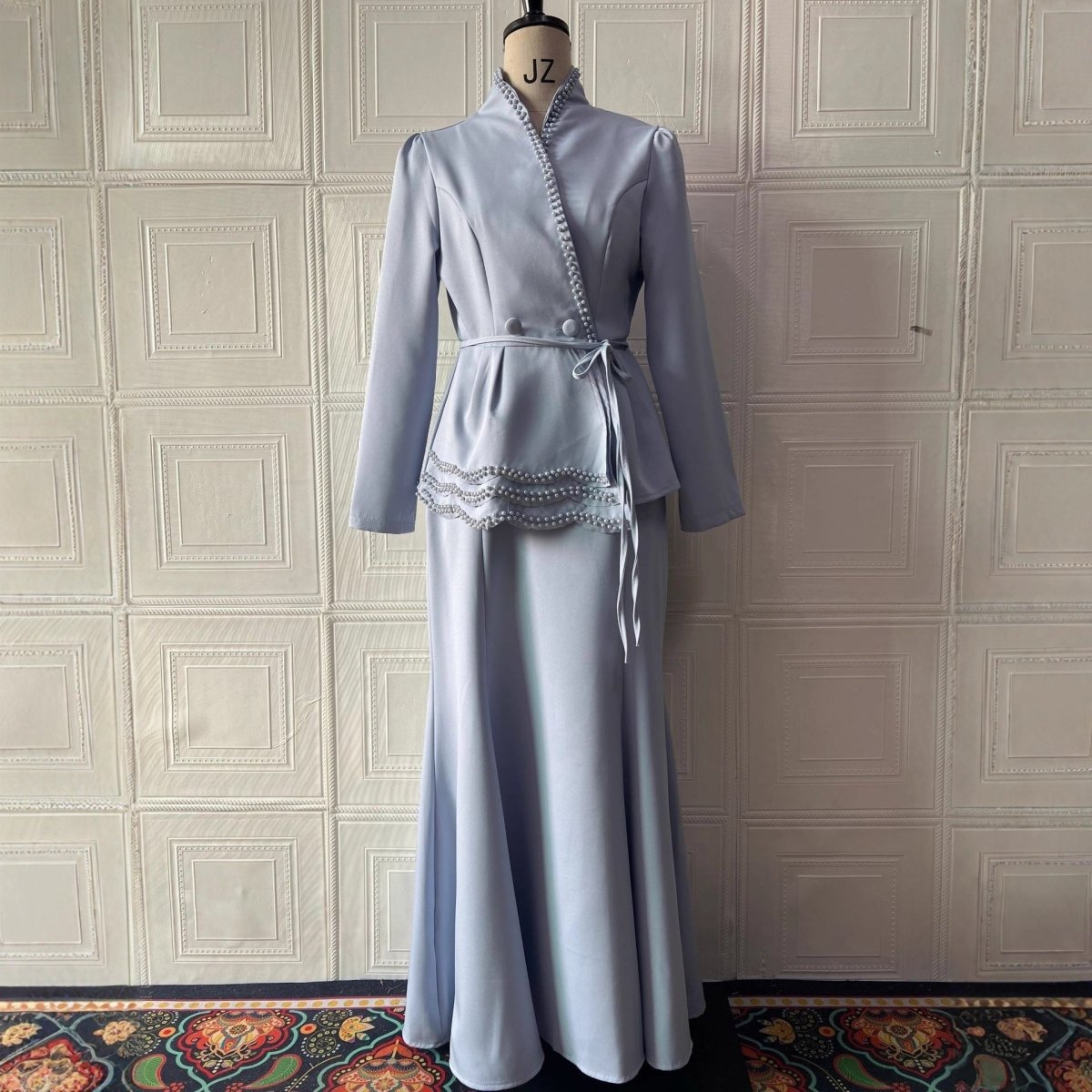 Pearl-Trimmed Blazer & Skirt Set(MS249)