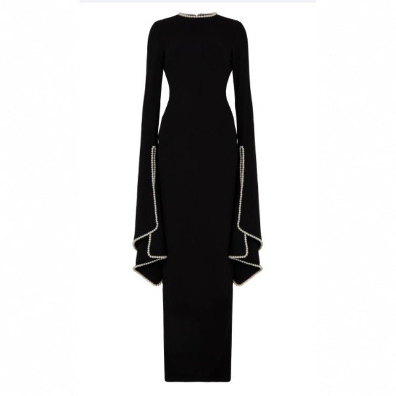 Pearl-Trimmed Cape Sleeve Evening Gown | Fitted Black Maxi Dress(MA355)