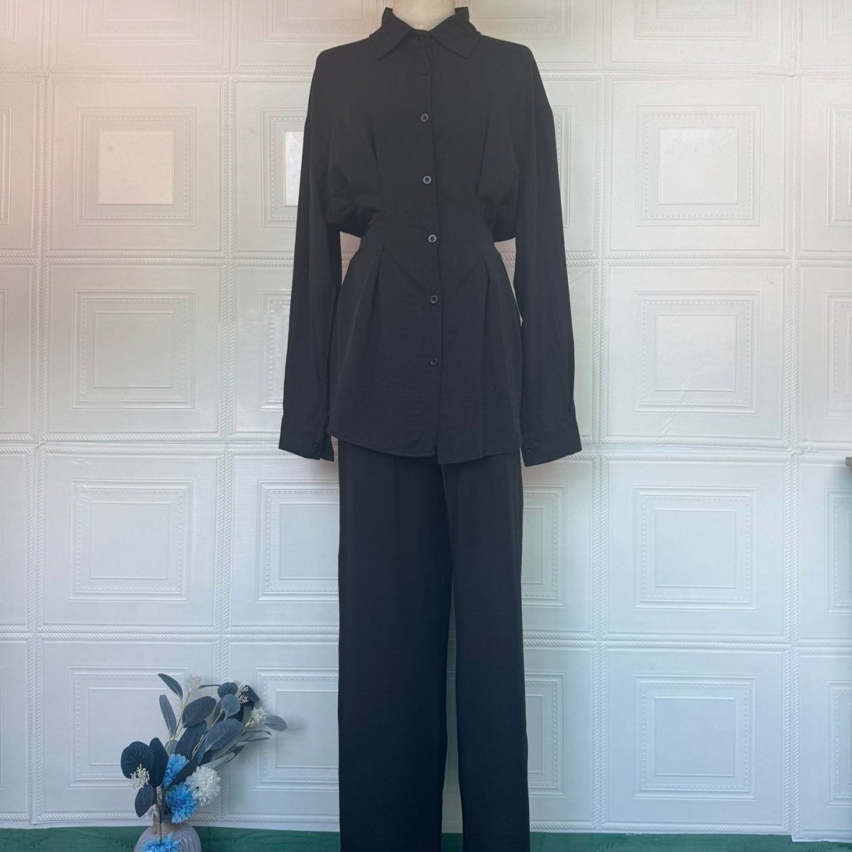 Peplum Shirt & Wide-Leg Trousers Co-ord Set(MS481)