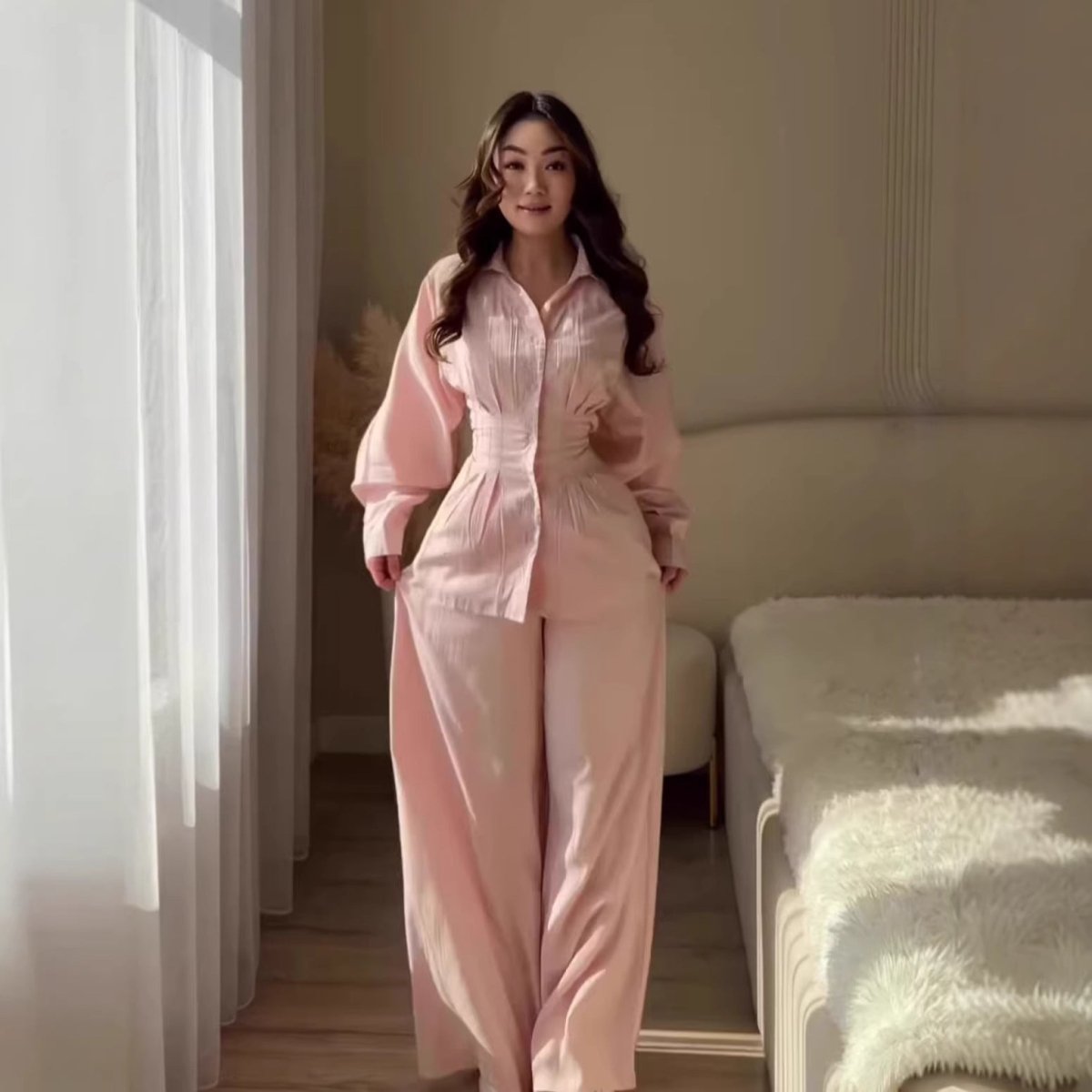 Peplum Shirt & Wide-Leg Trousers Co-ord Set(MS481)