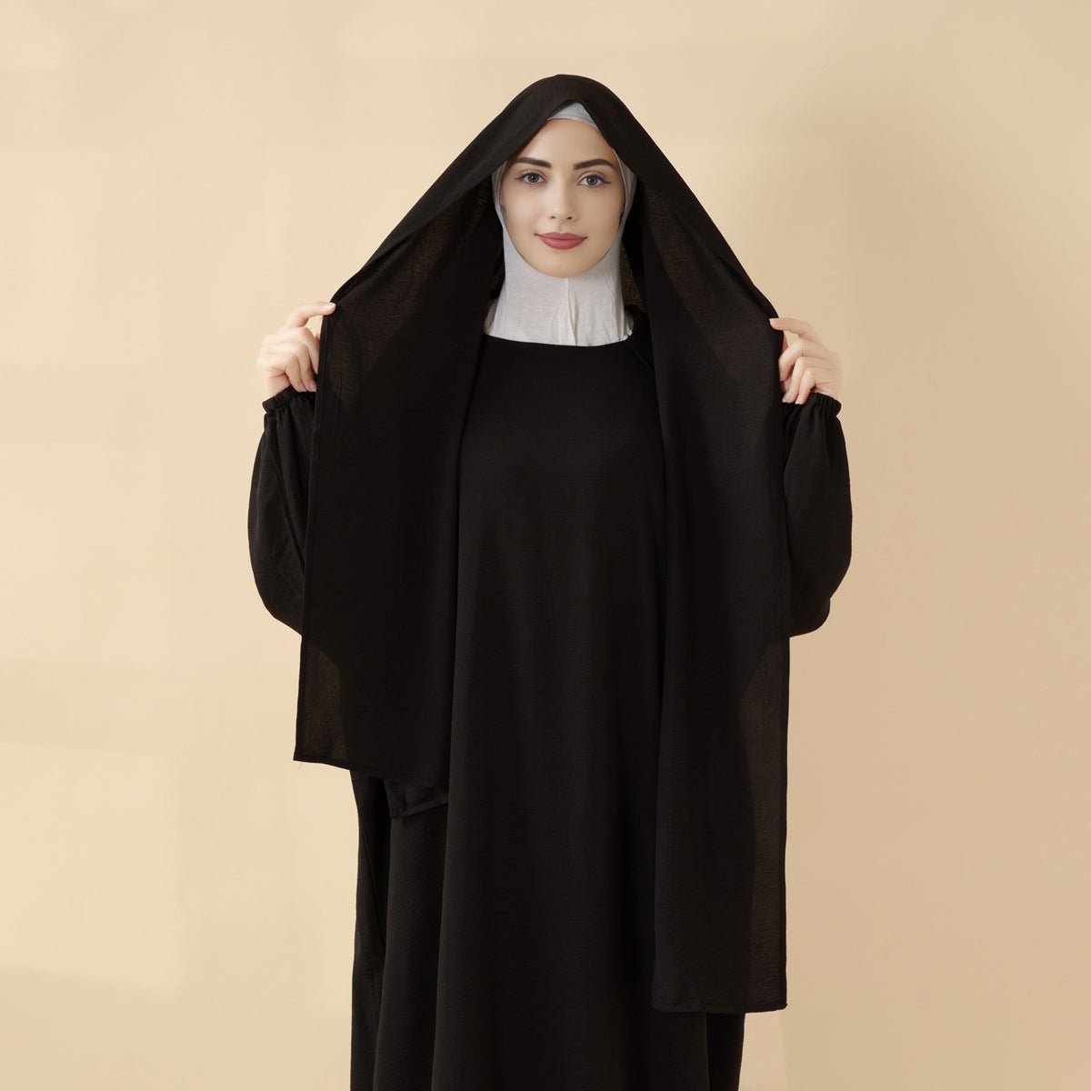 Cocoon-Cut Crepe Abaya Perfect For Umrah With One-Piece Hijab Attached (MA143)