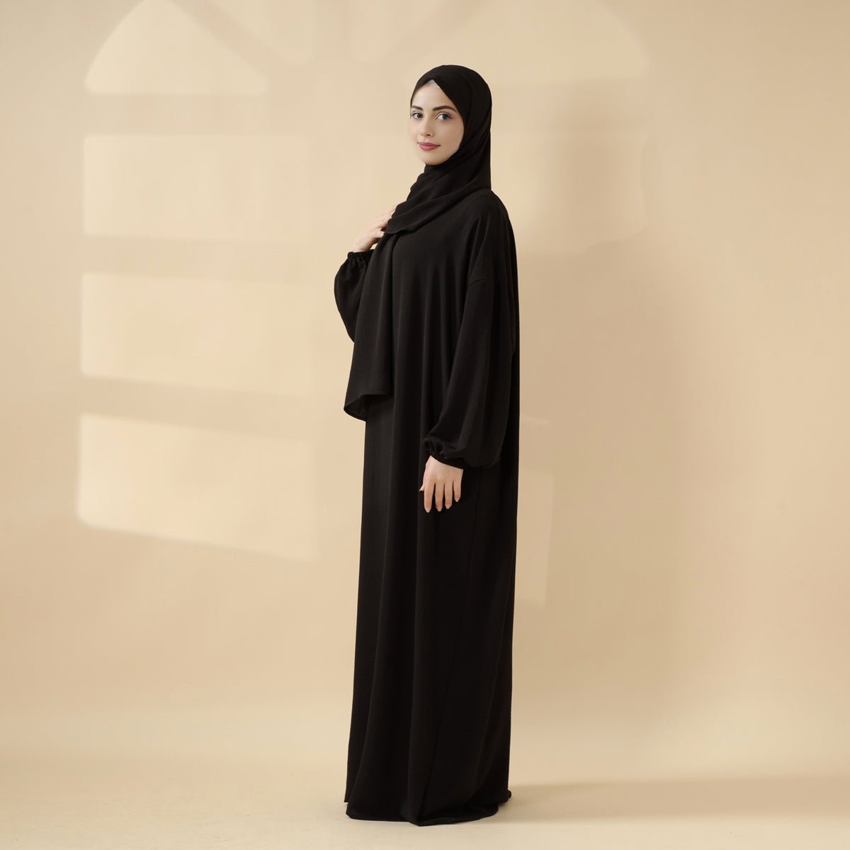 Cocoon-Cut Crepe Abaya Perfect For Umrah With One-Piece Hijab Attached (MA143)