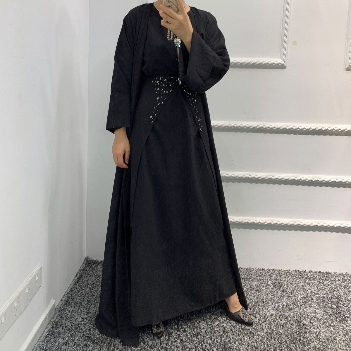 Pineapple Crinkle Solid Color Elegant Open Abaya 3-Piece Set (MOA131)
