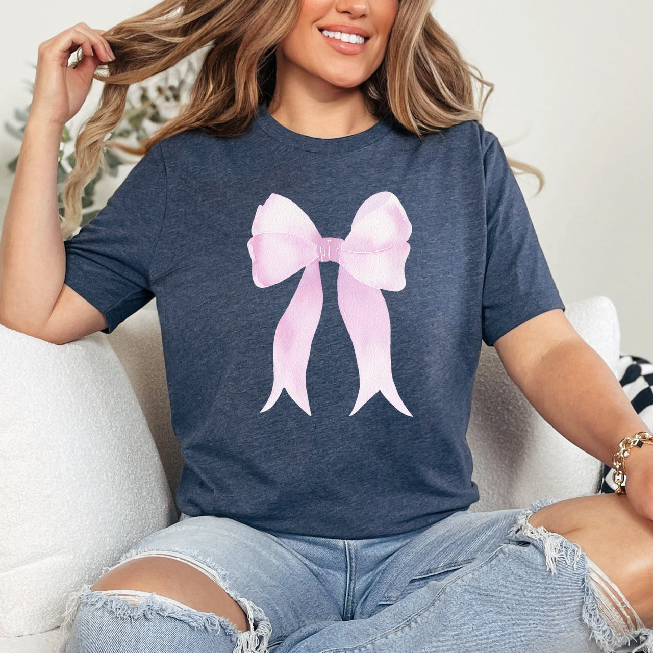Pink Ribbon Coquette Bow Design Soft Look Valentine All Day Comfort Fabric Graphic Tee