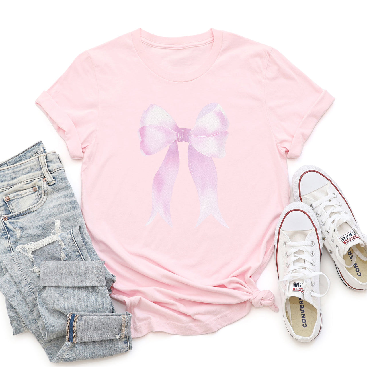 Pink Ribbon Coquette Bow Design Soft Look Valentine All Day Comfort Fabric Graphic Tee