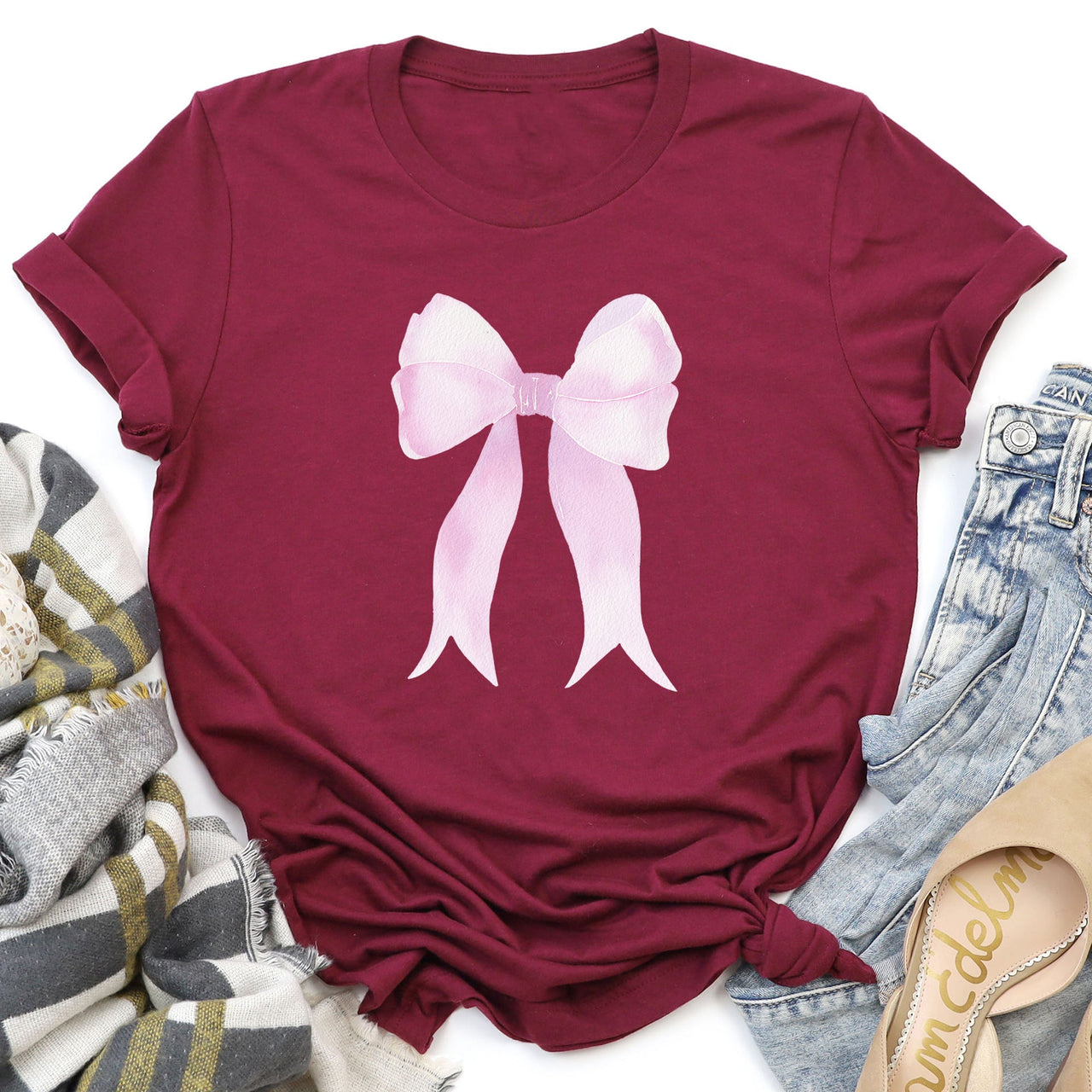 Pink Ribbon Coquette Bow Design Soft Look Valentine All Day Comfort Fabric Graphic Tee