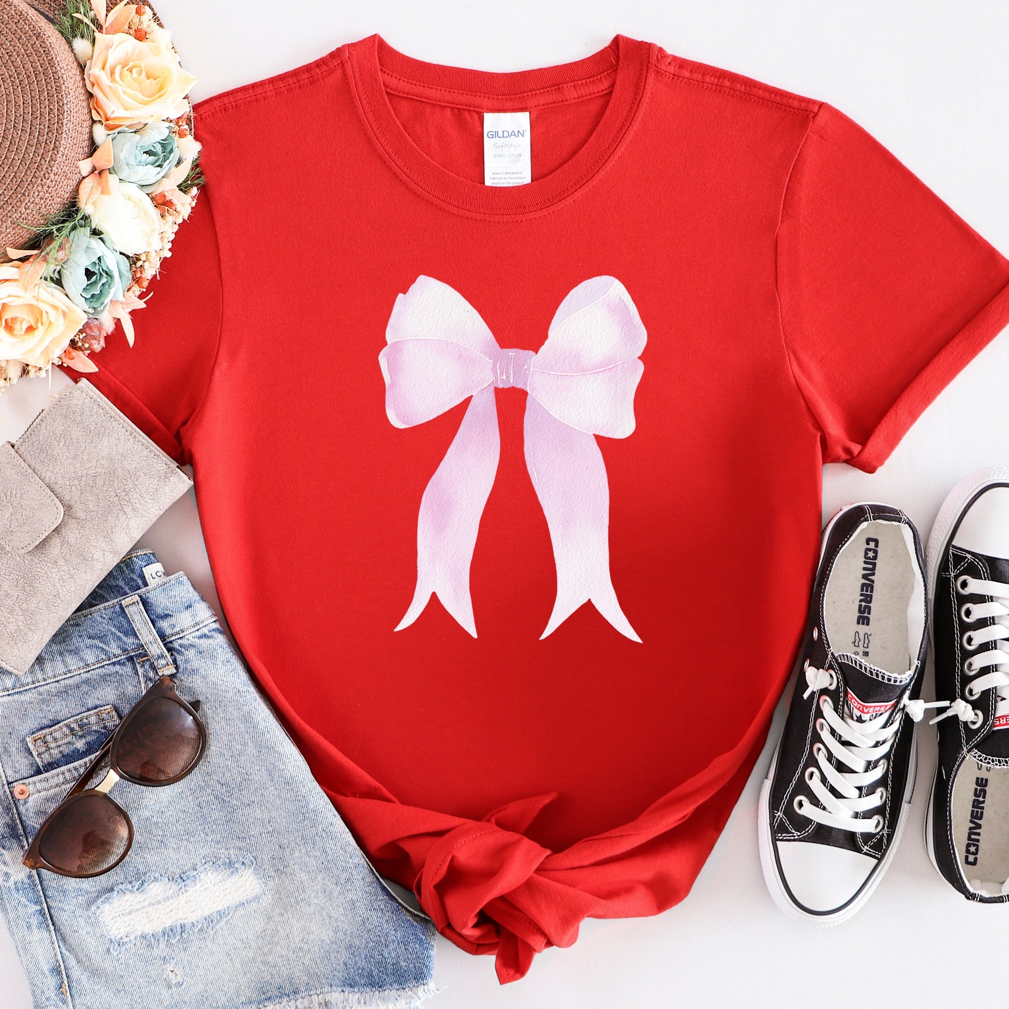 Pink Ribbon Coquette Bow Design Soft Look Valentine All Day Comfort Fabric Graphic Tee
