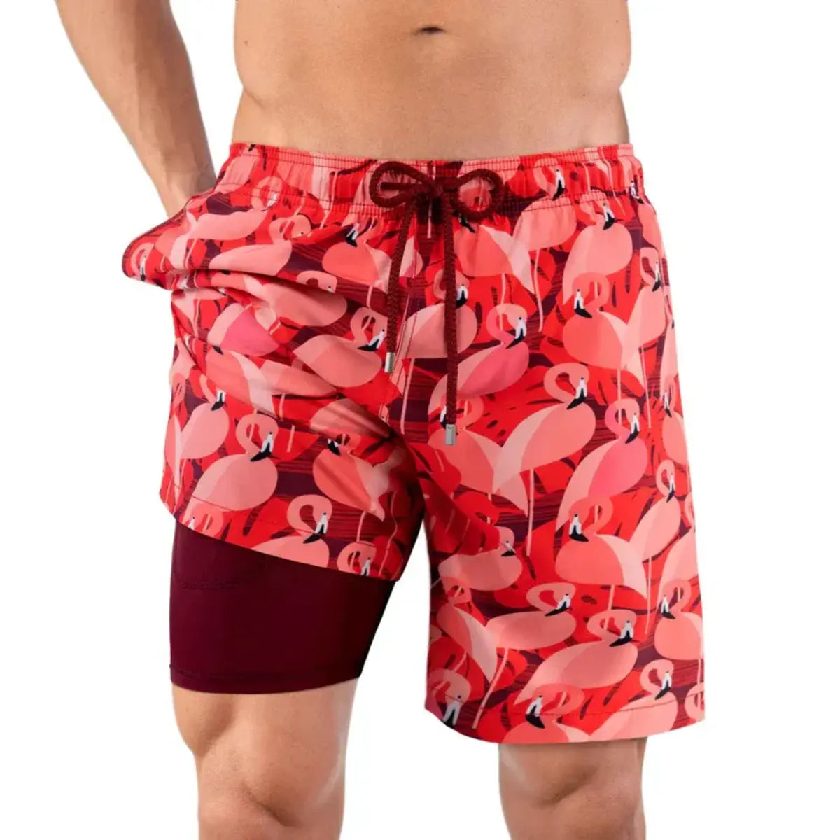 Men’s Premium Compression-Lined Hybrid Shorts – Pink Flamingos