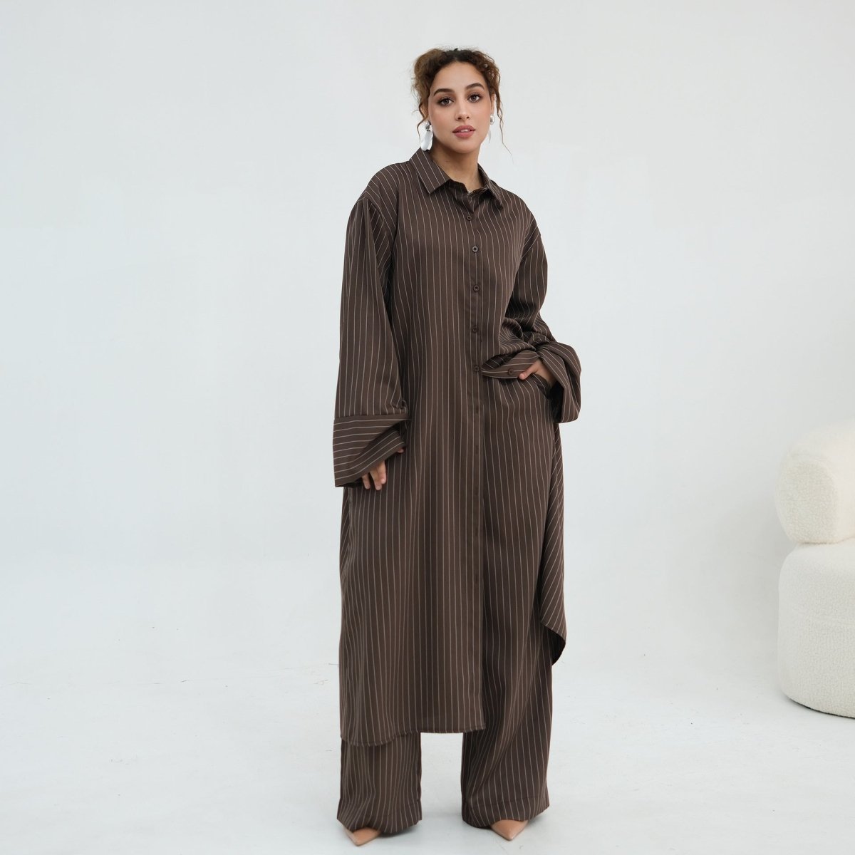 Pinstripe Oversized Shirt & Wide-Leg Trouser Set(MS452)