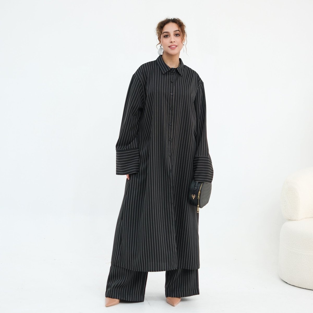 Pinstripe Oversized Shirt & Wide-Leg Trouser Set(MS452)