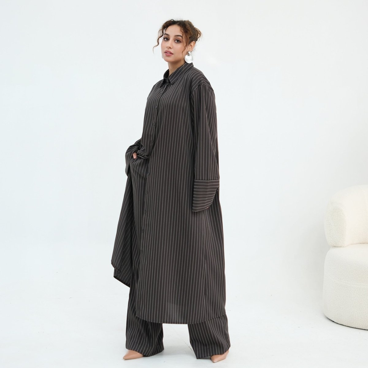 Pinstripe Oversized Shirt & Wide-Leg Trouser Set(MS452)